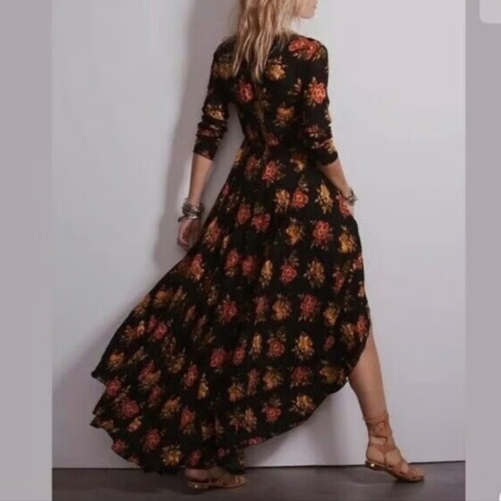 Free People Black Maxi Dress with Red & Mustard Floral Print